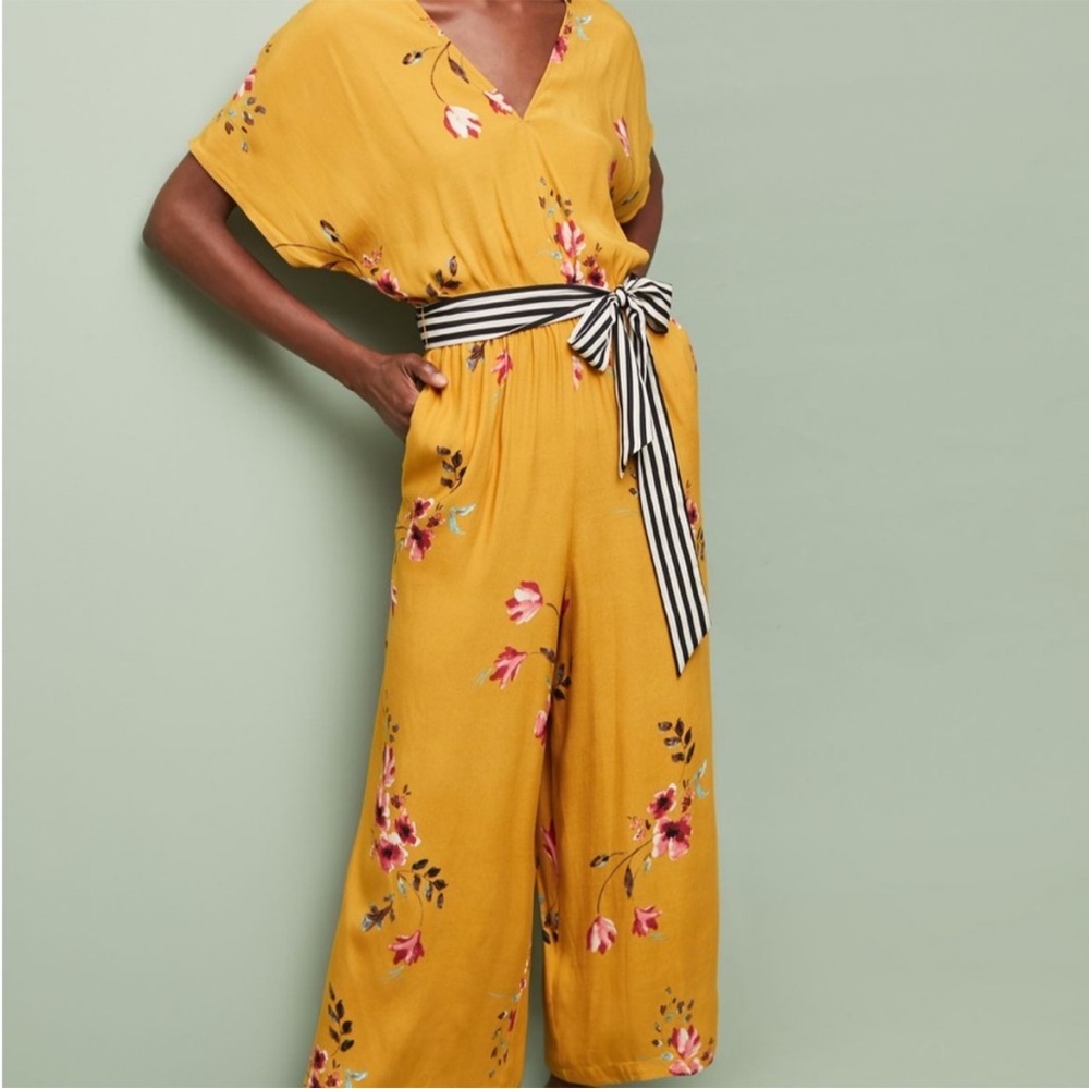 Anthropologie Corey Lynn Calter Mustard Jumpsuit with Floral Design
